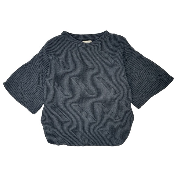 Micaela Greg Tops - Micaela Greg Dark Gray Rib Knit Short Sleeve Drop Shoulder Cropped Sweater Top